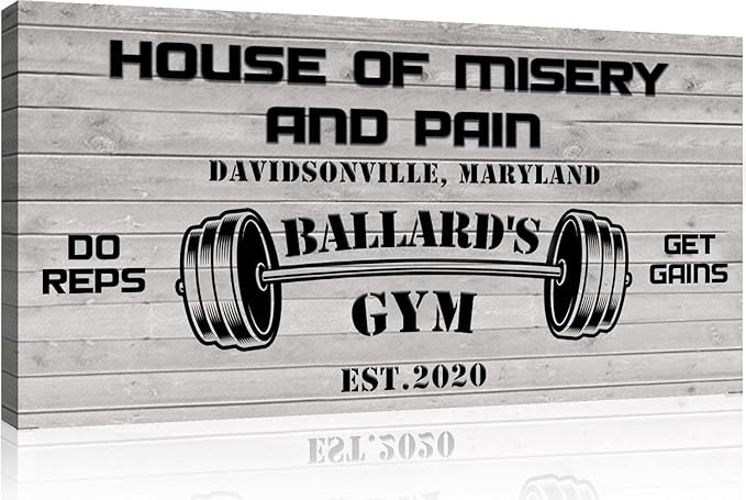 Tailored Canvases Personalized Gym Sign Wall Art Decor - Motivational Canvas for Home Gym, Workout Room, Garage, Fitness Center - Workout Inspirational Posters - House of Misery and Pain, White Wood 48x24in