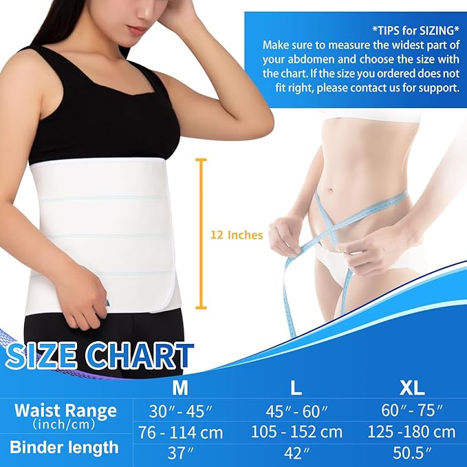 S Abdominal Binder Post Surgery for Men and Women, 12" High Postpartum Tummy Tuck Belt Provides Bariatric Stomach Compression, High Elasticity, Breathable - (60" - 75") 4 PANEL White