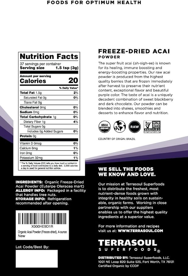 Terrasoul Superfoods Organic Acai Berry Powder, 4 Oz, Freeze-Dried for Freshness, Omega Fats Boost for Smoothie Bowls, and Antioxidant-Packed Superfoods Recipes
