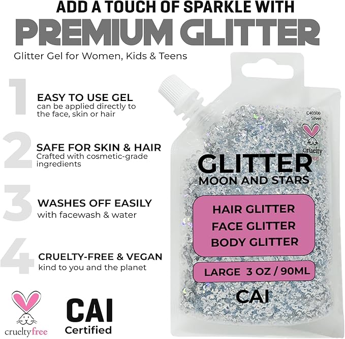 Hair Glitter Gel – Body Glitter for Kids and Women – Iridescent Holograph Cosmetic-Grade Gel w/Moon & Stars for Hair, Body & Face, Applies Smoothly w/o Glue & Washes Off Easily, 3 Oz - Rose 2Pack