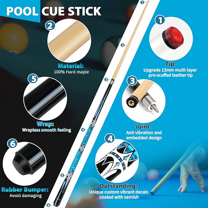 Pool Cue Stick with Hard Case, Maple Billiard Pool Cue Kit, 13mm Multilayer Leather Tip, 58" Professional Pool Cue Set with Gloves, Aerator, Chalk, 19 Oz