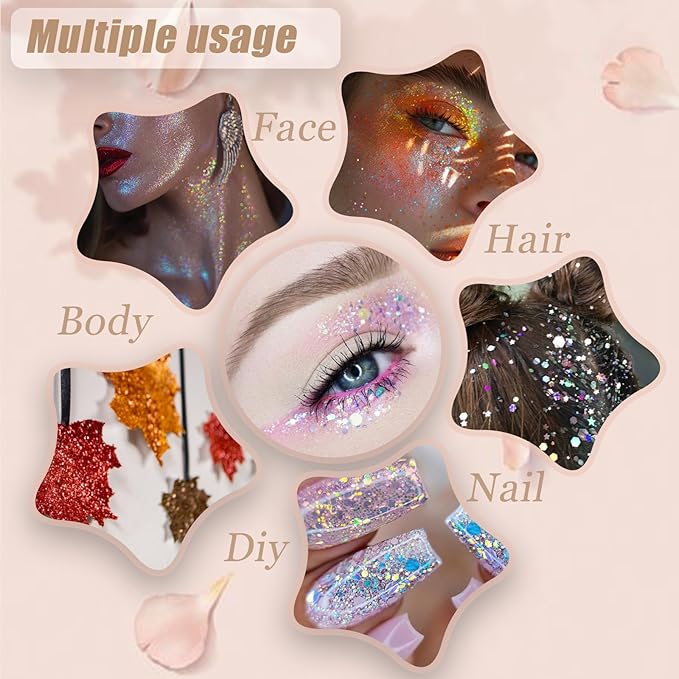 Face Body Glitter, Hair Glitter Sparkles Chunky Face Glitter Gel for Girls Makeup Singer Concerts Mermaid Festival Sequins Face Paint (Pink+Blue+Purple+Green+Rose)
