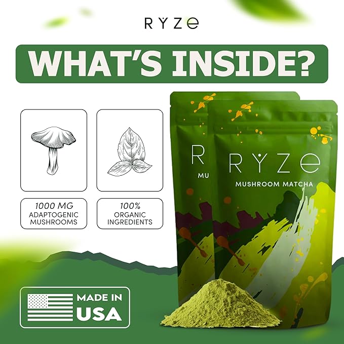 RYZE SUPERFOODS Mushroom Matcha Starter Kit, USDA Organic with 6 Adaptogenic Mushrooms and Ceremonial-Grade Matcha, Energy, Focus, Digestion, Immunity with Turkey Tail, Shiitake, Reishi, 60 servings