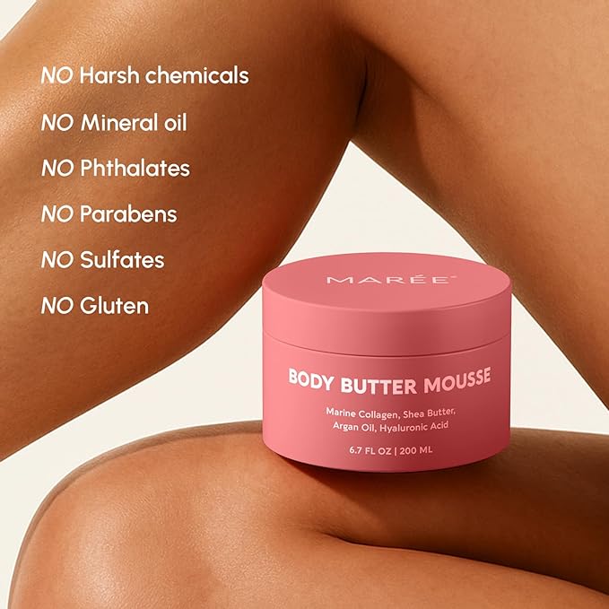 MAREE Moisturizer Body Butter Mousse - Whipped Body Butter for Women Smell Good - Facial Moisturizer for Dry Skin - Face Hand Body Cream for Women & Men with Marine Collagen, Shea Butter & Argan Oil