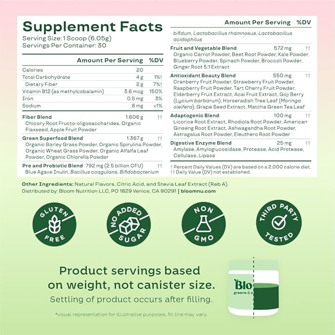 Bloom Nutrition Greens and Superfoods Powder for Digestive Health, Greens Powder, Digestive Enzymes, Probiotics, Spirulina, Chlorella for Bloating & Gut Support, Green Juice, 30 SVG, Strawberry Kiwi
