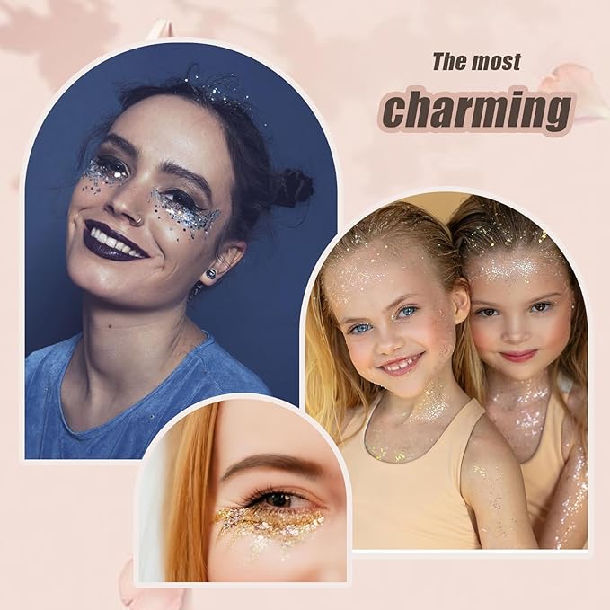Face Body Glitter, Hair Glitter Sparkles Chunky Face Glitter Gel for Girls Makeup Singer Concerts Mermaid Festival Sequins Face Paint (Pink+Blue+Purple+Green+Rose)