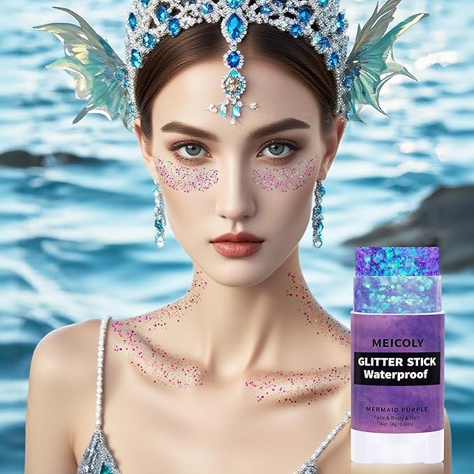 MEICOLY Mermaid Purple Face Body Glitter Stick,Hair Glitter Stick for Kids and Women,Sparkle Chunky Glitter Makeup,Waterproof Face Glitter for Party Rave Festival