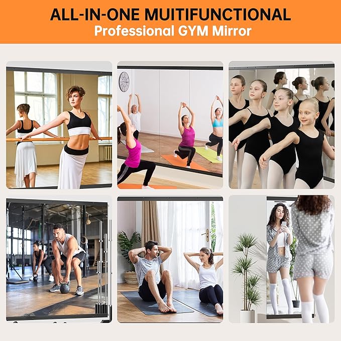 Hasipu 2 Pcs 55''x20'' Home Gym Mirror Large Full Length Wall Mounted Full Body Mirror for Yoga Dance Fitness Exercise Studio Bedroom Garage, Frameless Tempered Glass Workout Mirrors Black Rectangular