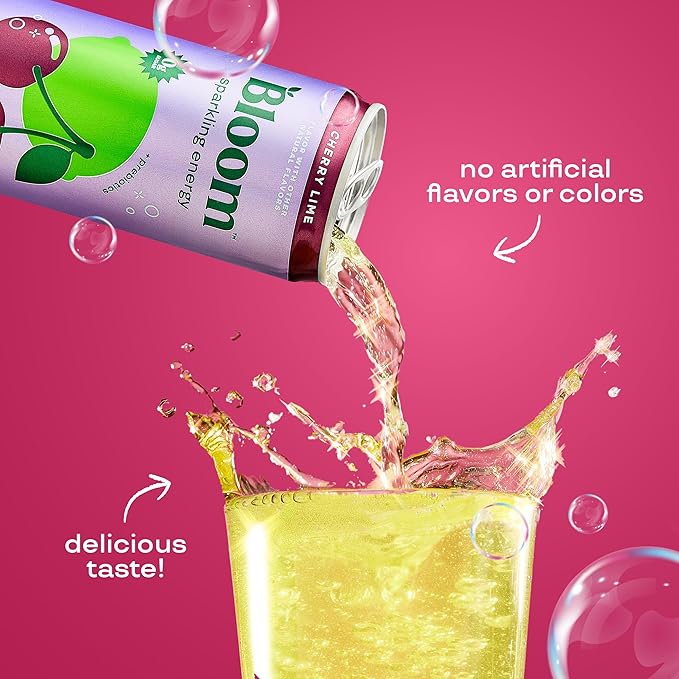 Bloom Nutrition Sparkling Energy Drink for Focus, Natural Caffeine, Zero Sugar, 180mg Caffeine, Antioxidant-Rich with Green Coffee Bean, Green Tea Extract, & Prebiotics, Cherry Lime 12oz 24 Pack