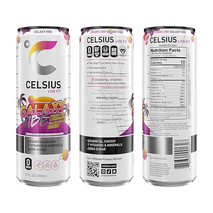 CELSIUS GALAXY VIBE Sparkling Strawberry Watermelon, Sugar Free Energy Drink, 12 Fl Oz (Pack of 12)
