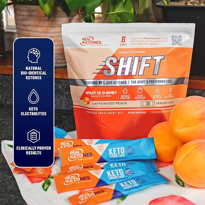 Real Ketones BHB Exogenous Ketones Drink Mix Packets Keto Electrolytes Powder Packets No Sugar with 4 Main Fasting Electrolytes Plus Hydrating Patented Keto BHB - 30 Count Peach Caffeine