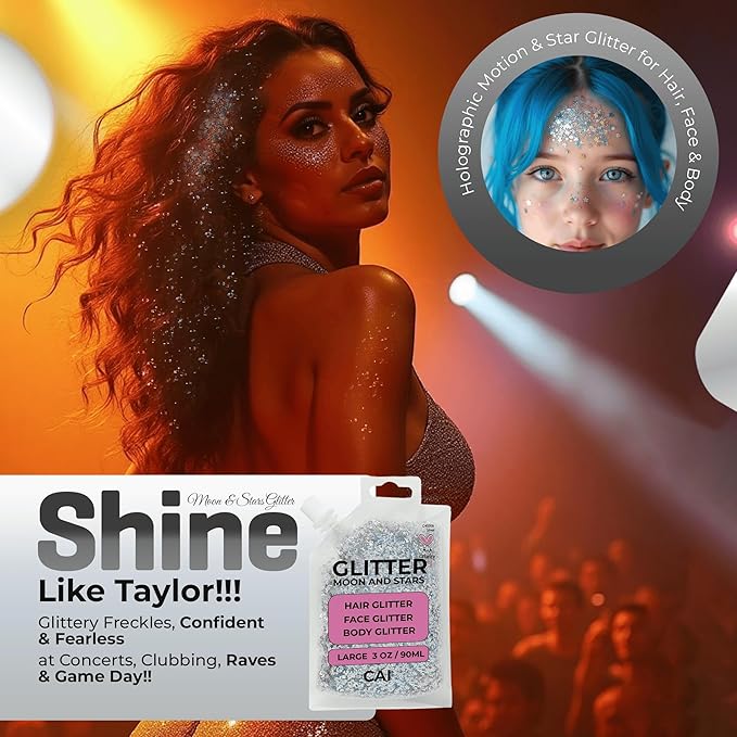Hair Glitter Gel – Body Glitter for Kids and Women – Iridescent Holograph Cosmetic-Grade Gel w/Moon & Stars for Hair, Body & Face, Applies Smoothly w/o Glue & Washes Off Easily, 3 Oz - Violet 1Pack