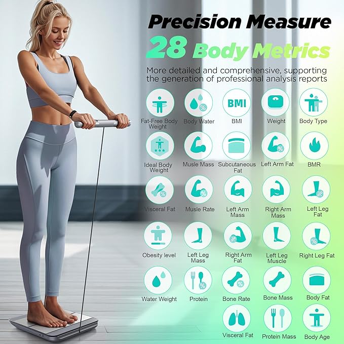 Runstar Scale for Body Weight and Fat Percentage, 8-Electrodes Precision Digital Smart Scale for BMI 28 Body Composition Measurement, Silver Bathroom Smart Scales with Large Display