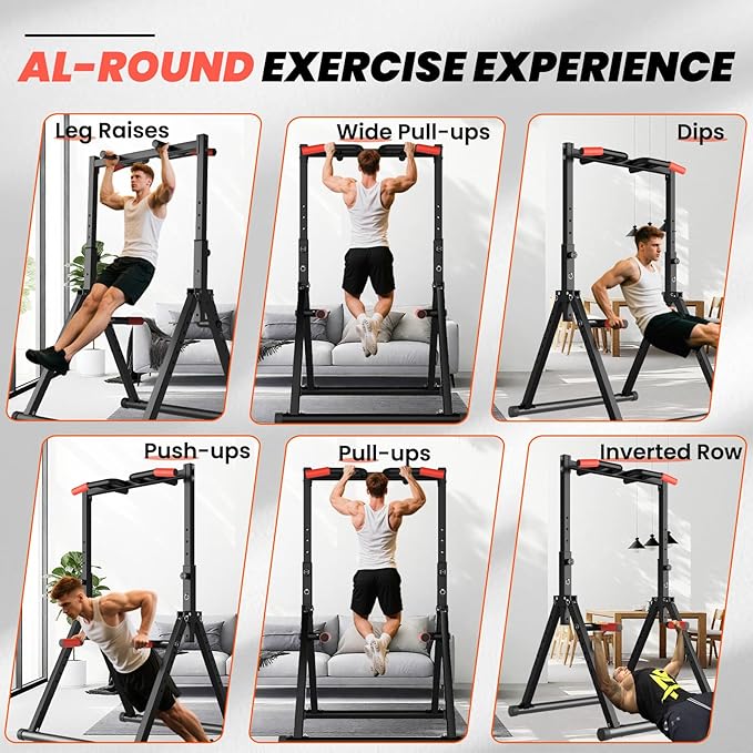 DOBESTS Foldable Power Tower Pull Up Bar Dip Station Adjustable Multifunction Workout Pull Up Tower Station Gym Strength Training Equipment for Home Outdoor, Triangular Legs, Support 700lbs