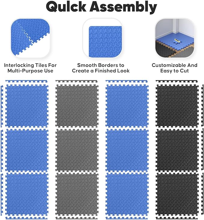 Home Gym Mat, Puzzle Exercise Mat, EVA Interlocking Foam Floor Tiles for Home Workout Equipment and Kids' Play Areas - Black, 24 in x 24 in x ½ in - 16 Tiles (Black, 16 Pack, 64 SQ FT)