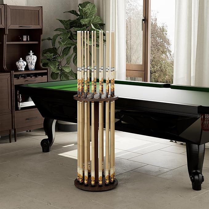 360 Degree Rotating Pool Cue Stick Holder - Floor Stand Pool Cue Rack for Up to 15 Sticks, Billiard Cue Rack, Natural Wood Billiard Room Equipment Storage Organizer, Gifts for Men