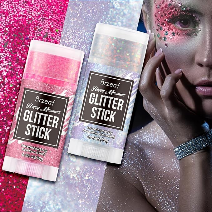 Brzeaf Waterproof Mermaid Glitter Stick, Shimmery& Long Lasting, Hair Eyeshadow Face Body Glitter, Singer Concert Music Rave Festival, Glitter Stick Makeup & Face Glitter Gel for Women Men 0.56 Oz