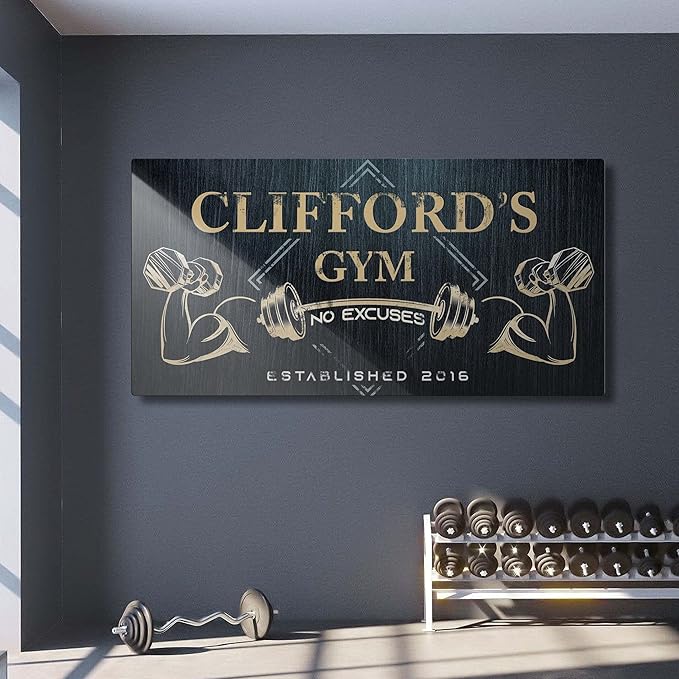 Tailored Canvases Personalized Gym Sign Wall Art Decor - Motivational Canvas for Home Gym, Workout Room, Garage, Fitness Center - Workout Inspirational Posters - Gym Name on Charcoal Background, 20x10in