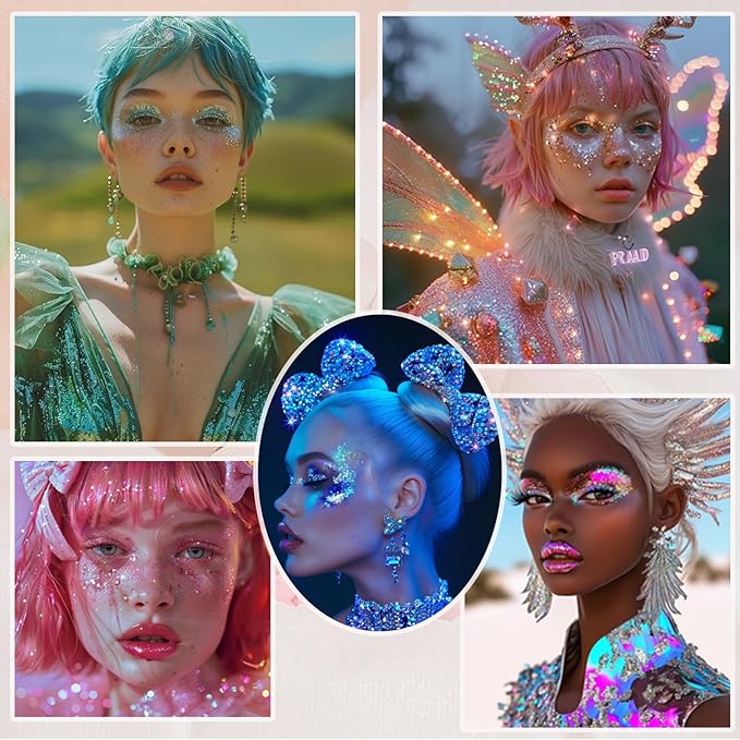 Face Body Glitter, Hair Glitter Sparkles Chunky Face Glitter Gel for Girls Makeup Singer Concerts Mermaid Festival Sequins Face Paint (Pink+Blue+Purple+Green+Rose)