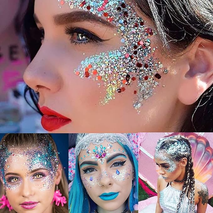 MEICOLY Red Face Body Glitter,Christmas Face Glitter Gel,Stocking Stuffers for Christmas,Sparkling Glitter Face Paint,Festival Rave Accessories Glitter Makeup,Mermaid Body Glitter Gel for Women Kids
