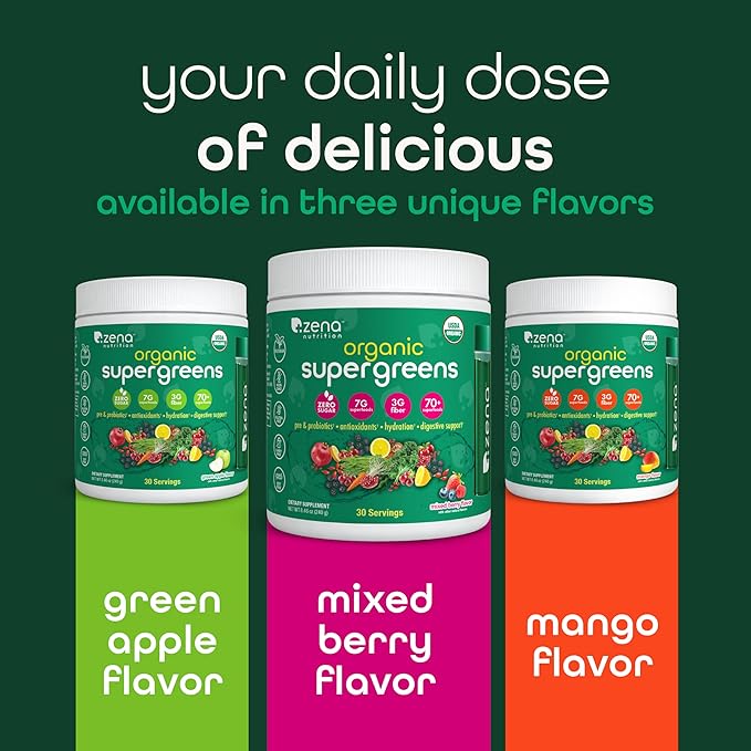 Zena Nutrition Organic Super Greens Powder, 70+ Superfoods, 0 Sugar, 3G Fiber, Spirulina, Chlorella, Antioxidants, Prebiotics/Probiotics, Digestive Enzymes, Green Apple, 30 Servings