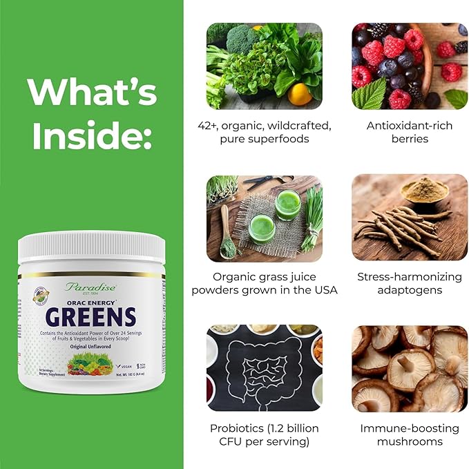 Paradise, ORAC Energy Greens Powder Extract, Super Antioxidants, Probiotics for Gut Health & Digestion, Vitamin C for Immunity, with Spirulina & Chlorella, Non-GMO, Gluten Free, 30 Servings