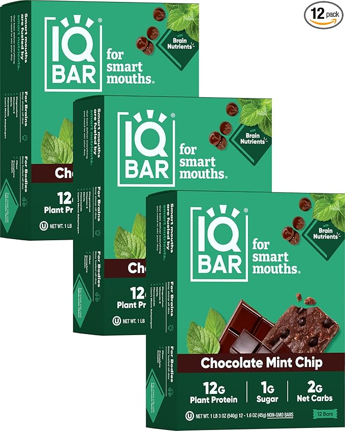 IQBAR Brain and Body Plant Protein Bars - Chocolate Mint Chip - 36-Count Low Carb - Gluten Free, High Fiber, Vegan Snacks - Low Sugar Meal Replacement