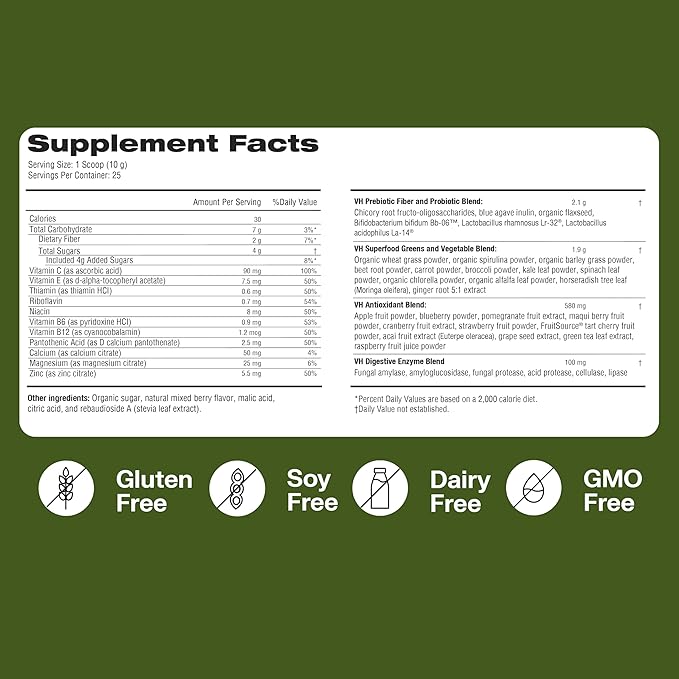VitaHustle ONE Superfood Super Greens Powder with Prebiotics + Probiotics, Reduce Bloating, Detox, Gut Health, Spirulina, Chlorella, Digestive Enzymes (Berry Flavor, 25 Servings)