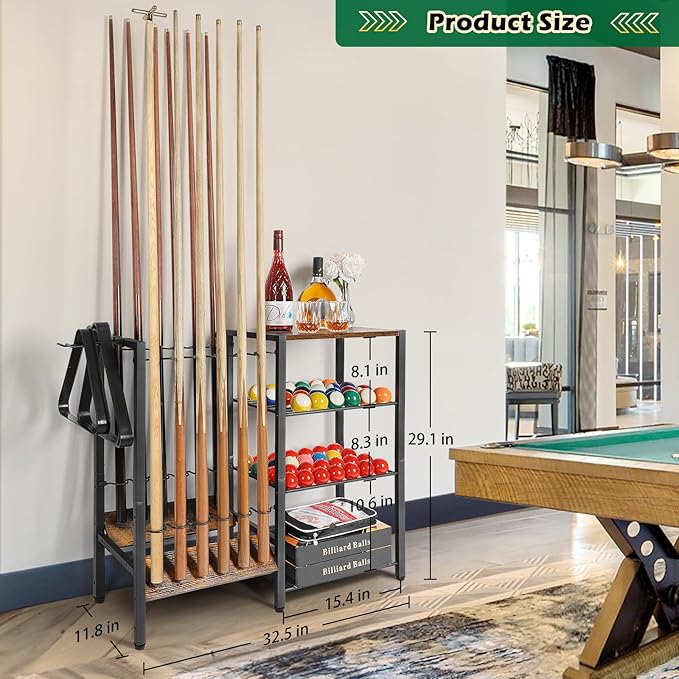 Pool Stick Holder Floor Stand up to 12 Cue Sticks, Pool Cue Holder with Balls Storage, Pool Table Accessories Stand Large Pool Cue Rack Equipment Organizer Cue Stick Holder for Billiard Game Room