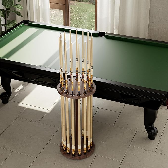 360 Degree Rotating Pool Cue Stick Holder - Floor Stand Pool Cue Rack for Up to 15 Sticks, Billiard Cue Rack, Natural Wood Billiard Room Equipment Storage Organizer, Gifts for Men