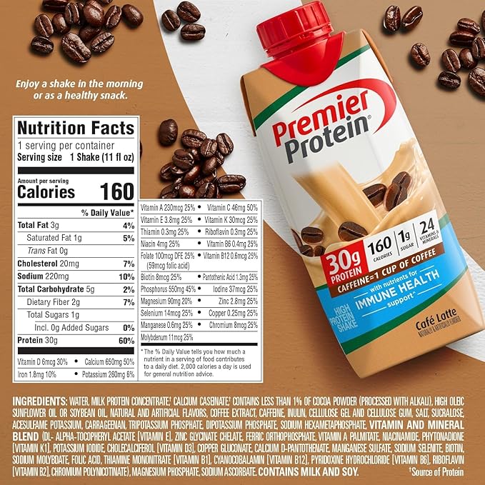 Premier Protein Protein Shake, Cafe Latte, 30g Protein, 1g Sugar, 11 fl oz Pack of 12