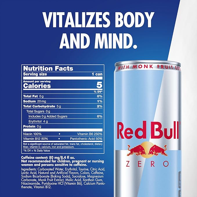 Red Bull Zero Energy Drink, 8.4 fl. oz., with 80mg Caffeine, Taurine & B Vitamins, Case of 24 cans