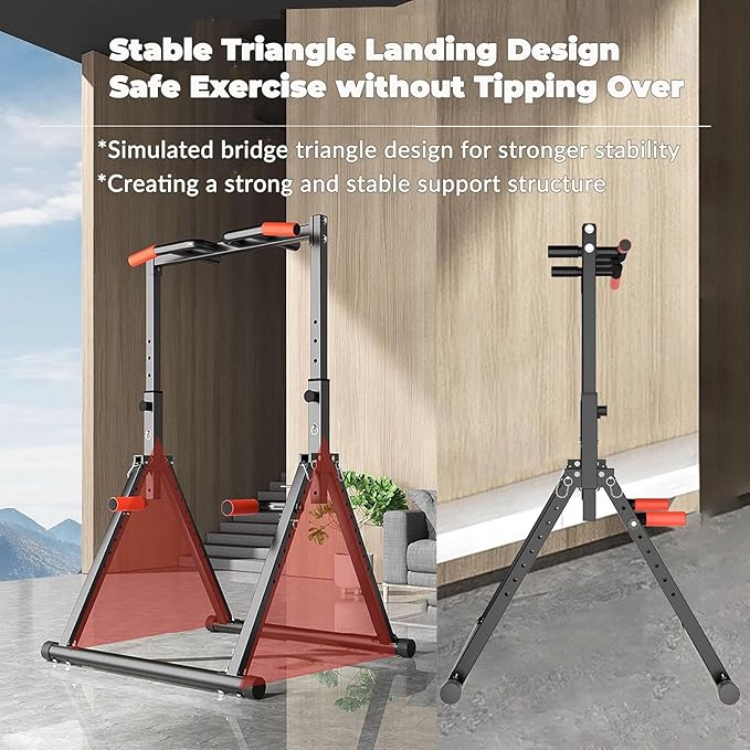 DOBESTS Foldable Power Tower Pull Up Bar Dip Station Adjustable Multifunction Workout Pull Up Tower Station Gym Strength Training Equipment for Home Outdoor, Triangular Legs, Support 700lbs