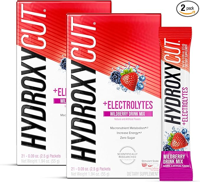 Hydroxycut Drink Mix, Wildberry Blast - 21 Travel-Size Packets, Pack of 2 - Zero Calories, Zero Sugar - Boost Metabolism, Burn Calories, Increase Energy - for Women & Men