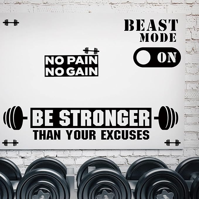 Zonon 3 Pieces Gym Wall Decal, Be Stronger Than Your Excuses, No Pain No Gain Beast Mode Inspirational Quotes Vinyl Wall Art Fitness Exercise Wall Sticker for Gym Office Home Decor