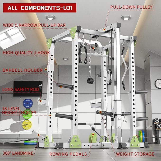 Power Cage Multi-Function Power Rack with Cable Crossover System,1800 LBS Capacity Squat Rack with Weight Bench,for Home Gym