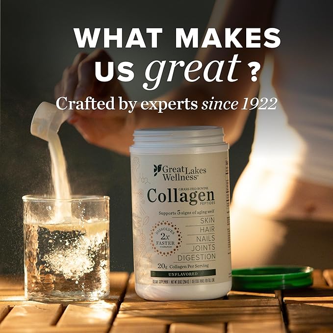 Great Lakes Wellness Collagen Peptides Powder for Skin, Hair, Nails, Joints & Digestion - Unflavored - Quick Dissolve Hydrolyzed, Non-GMO, Keto, Kosher - 16oz