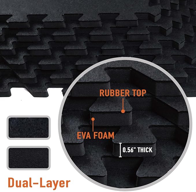 AIRHOP 0.56in Thick 48 Sq Ft Exercise Equipment Mats, 12 Tiles Upgraded Rubber Top with High Density EVA Foam, Large Interlocking Puzzle Gym Flooring for Home Gym, Heavy Weight Workout,Black