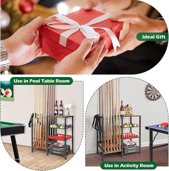 Pool Stick Holder Floor Stand up to 12 Cue Sticks, Pool Cue Holder with Balls Storage, Pool Table Accessories Stand Large Pool Cue Rack Equipment Organizer Cue Stick Holder for Billiard Game Room