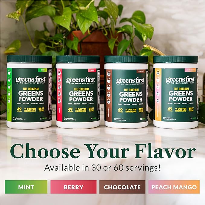 Greens First Original Greens Powder - 49 Superfoods - Organic Fruits & Veggies - Prebiotics, Probiotics & Digestive Enzymes - Antioxidant Smoothie - Dairy Free, Vegan & Non-GMO (Mint, 60 Servings)