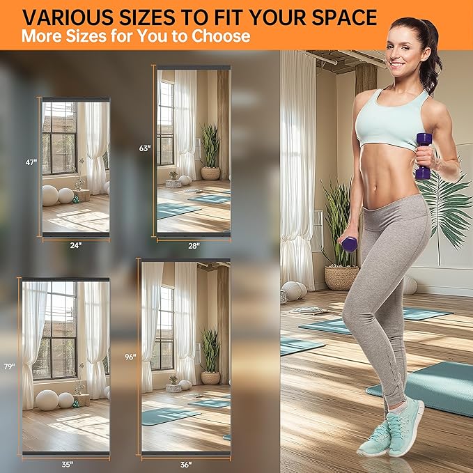 Hasipu 3 Pcs 55''x17'' Home Gym Mirror Large Full Length Wall Mounted Full Body Mirror for Yoga Dance Fitness Exercise Studio Bedroom Garage, Frameless Tempered Glass Workout Mirrors Black Rectangular