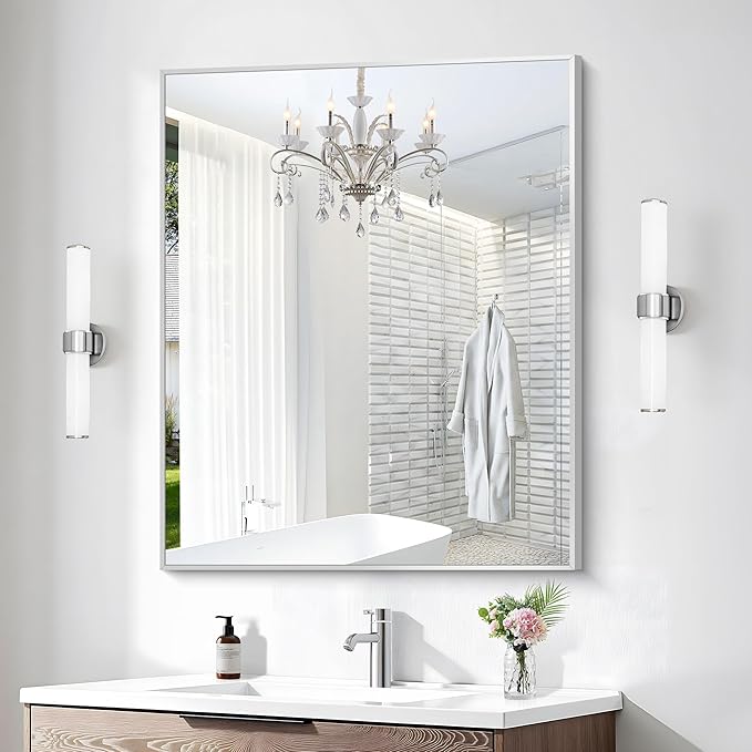 Silver Bathroom Mirror,30x36 inch Wall Mirror for Bathroom Wall Mounted,Rectangle Mirror for Bathroom Over Sink,Modern Metal Frame for Living Room,Bedroom Entryway,Horizontal/Vertical