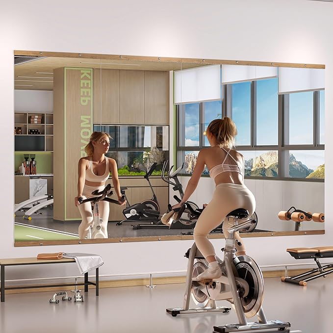 Hasipu 2Pcs 55''x20'' Home Gym Mirror Large Full Length Wall Mounted Full Body Mirror for Yoga Dance Fitness Exercise Studio Bedroom Garage, Frameless Tempered Glass Workout Mirrors Walnut Rectangular