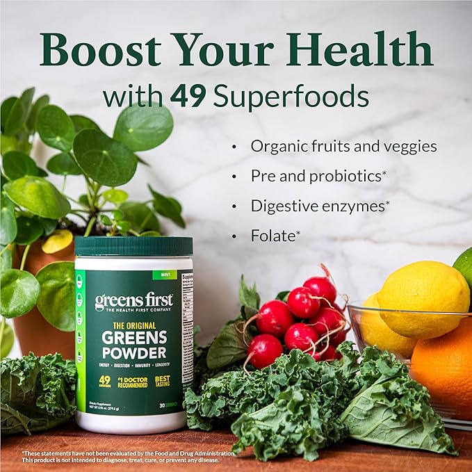 Greens First Gift Set - Limited Edition Glass Carafe & Organic Greens Powder - 49 Superfoods - Prebiotics, Probiotics & Digestive Enzymes - Dairy Free, Vegan & Non-GMO (Mint, 30 Servings)
