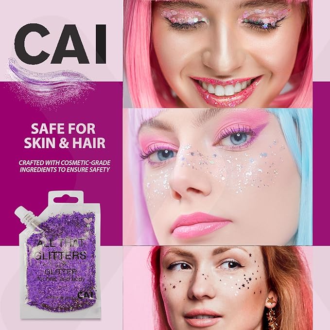 Hair Glitter Gel – Body Glitter for Kids and Women – Iridescent Holograph Cosmetic-Grade Gel w/Moon & Stars for Hair, Body & Face, Applies Smoothly w/o Glue & Washes Off Easily, 3 Oz - Violet 1Pack
