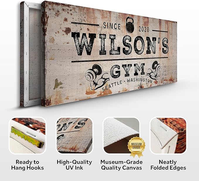 TAILORED CANVASES Personalized Gym Sign Wall Art Decor - Motivational Canvas s for Home Gym, Workout Room, Garage, Fitness Center - Workout Inspirational Posters - Kettlebell on Rustic, 60x30in