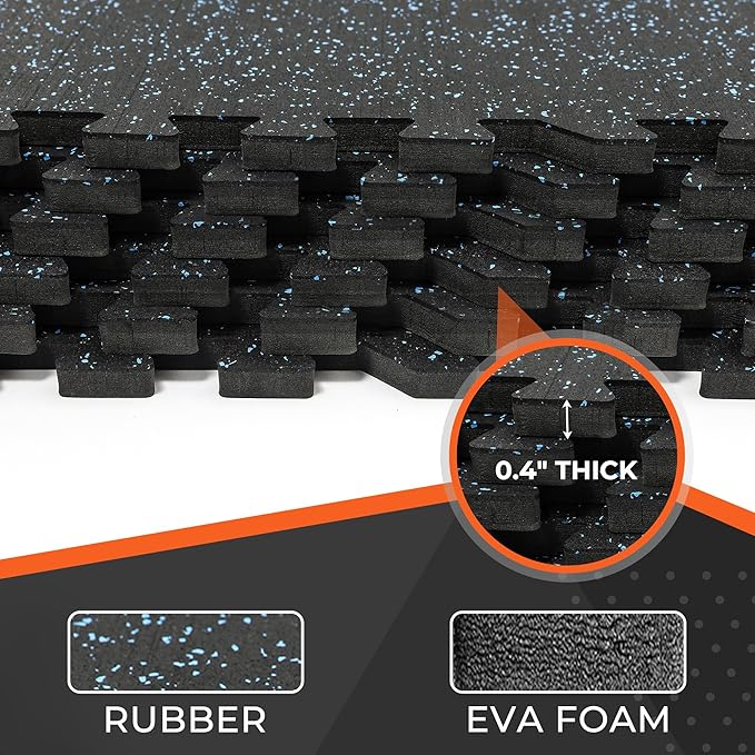 SUPERJARE 0.4'' Thick 6 Pcs 24 Sq Ft Rubber Top Exercise Equipment Mats, High Density EVA Foam Mats with Rubber Top, Interlocking Gym Flooring for Home Gym, Protective Workout Mat, Black/Blue
