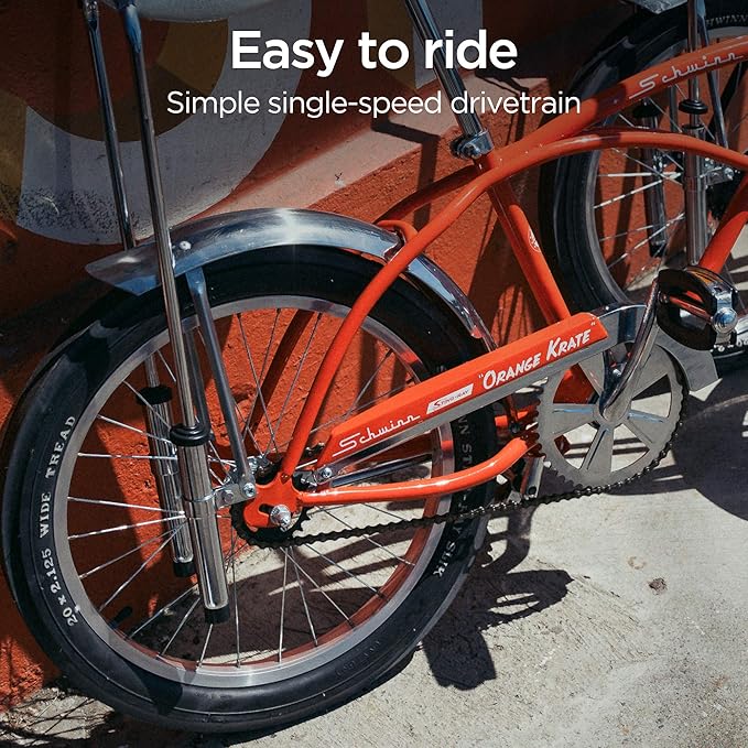 Schwinn Krate Classic Sting-Ray Bike, 20 Inch Bike for Kids or Adults, Steel Frame & Springer Fork, Fenders, Single Speed, Coaster Brake, Grey Ghost, Lemon Peeler, Coal, Grape, Orange or Apple