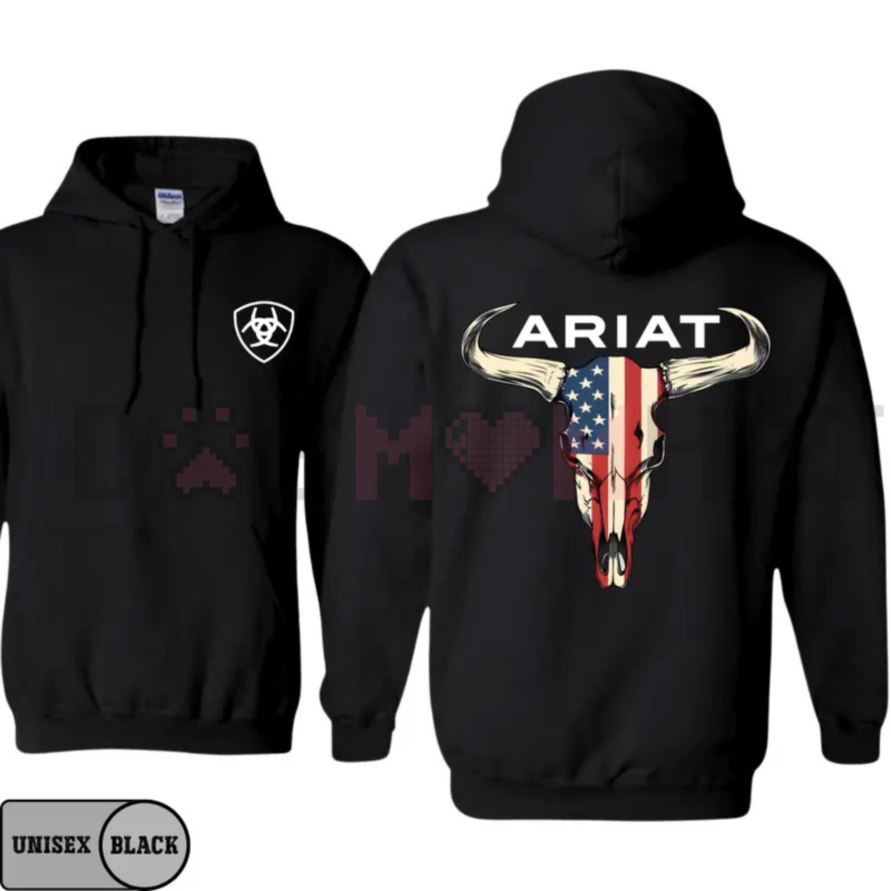 Ariat-Inspired American Flag Bull Skull Hoodie – Unisex Western Cowboy Pullover