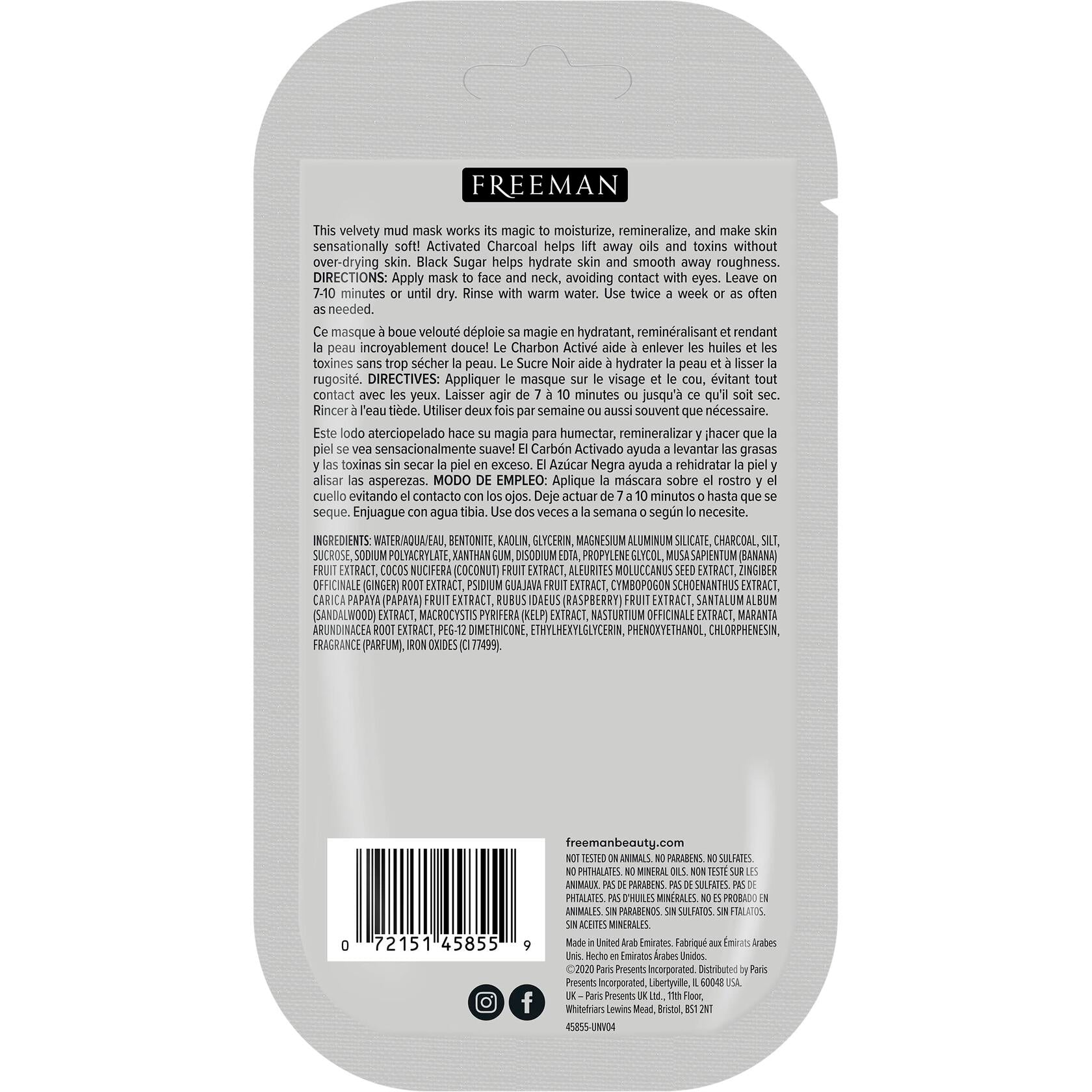 FREEMAN Charcoal & Black Sugar Mud Mask Detoxifying Facial Treatment 0.5oz